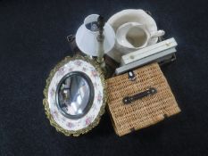 A box of pottery wash jug and basin, table lamps, brass and floral china mirror,