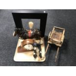 A Rapport of London Victorian style mantel clock, china shire horse and cart, figure of a dachshund,