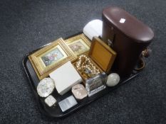 A tray of leather cased Carl Zeiss binoculars, compact, costume jewellery,