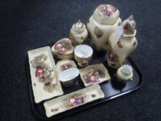 A tray of eleven pieces of Aynsley Orchard Gold fruit patterned china and two bird pill boxes