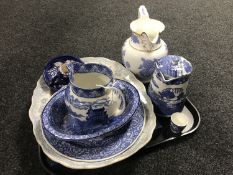 A tray of antique and later china - boxed Royal Worcester cake plate, blue and white meat plate,