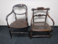 An antique bergere seated armchair together with a bentwood armchair