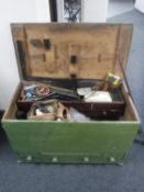An antique painted pine joiner's tool chest containing assorted joiners tools,