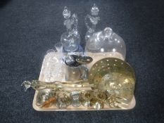 A tray of assorted brass ware - teapot, chestnut roasters, toasting fork, weights, plated cutlery,
