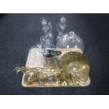 A tray of assorted brass ware - teapot, chestnut roasters, toasting fork, weights, plated cutlery,