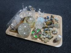 A tray of Wade whimsies, glass ship in bottle,