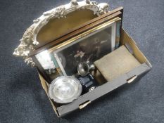 A box of white and gilt frame, pair of Edwardian etched mirrors, footstool,