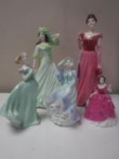 Five Coalport figures - Lady's of Fashion Lady in Red, Sentiments, Coming of Age, Love Token,