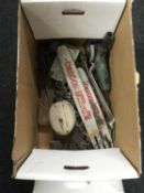 A box of chain saw blades and chains, block and tackle, Bosch angle grinder,