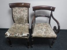 An antique mahogany scroll arm armchair and a dining chair CONDITION REPORT: