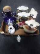 A box of seven antique pottery transfer printed vases and a bisque bust