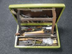 A vintage painted oak joiner's box containing a good selection of vintage joinery tools