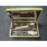 A vintage painted oak joiner's box containing a good selection of vintage joinery tools