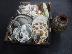 Two boxes of assorted china - pottery vase, dinner and wall plates, Wedgwood mantel clock,