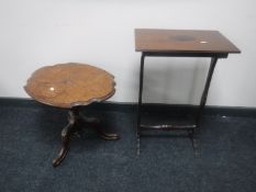 A Victorian figured walnut shaped pedestal occasional table together with an inlaid mahogany side