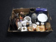 A box of cottage ware china, Carlton Ware tea light holders, plated teapot,