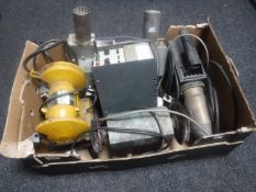 Three Leicester industrial hot air guns, Black and Decker bench grinder, Farnell power supply,