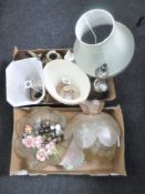 Two boxes of assorted lamp shades, gilt cherub chalk lamp base, porcelain headed doll,