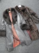 A lady's Coney fur coat together with a three quarter length leather coat, size 16,