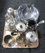 A tray of twentieth century plated wares including stainless steel, four piece tea service, tankard,