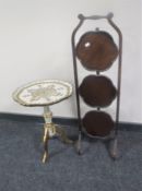 A Victorian mahogany three tier folding cake stand together with a painted wine table
