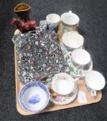 A tray of glazed pottery spill vase, Delton ware twin handled dish, Delft beaker and jug,
