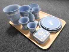 A tray of twelve pieces of Wedgwood blue and white Jasperware