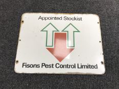 A twentieth century enamel sign - Fisons pest control appointed stockists, 51cm by 38cm.
