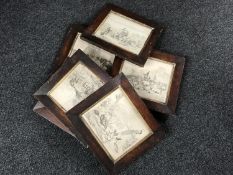 A box of six framed antique monochrome prints depicting wildlife and farming scenes