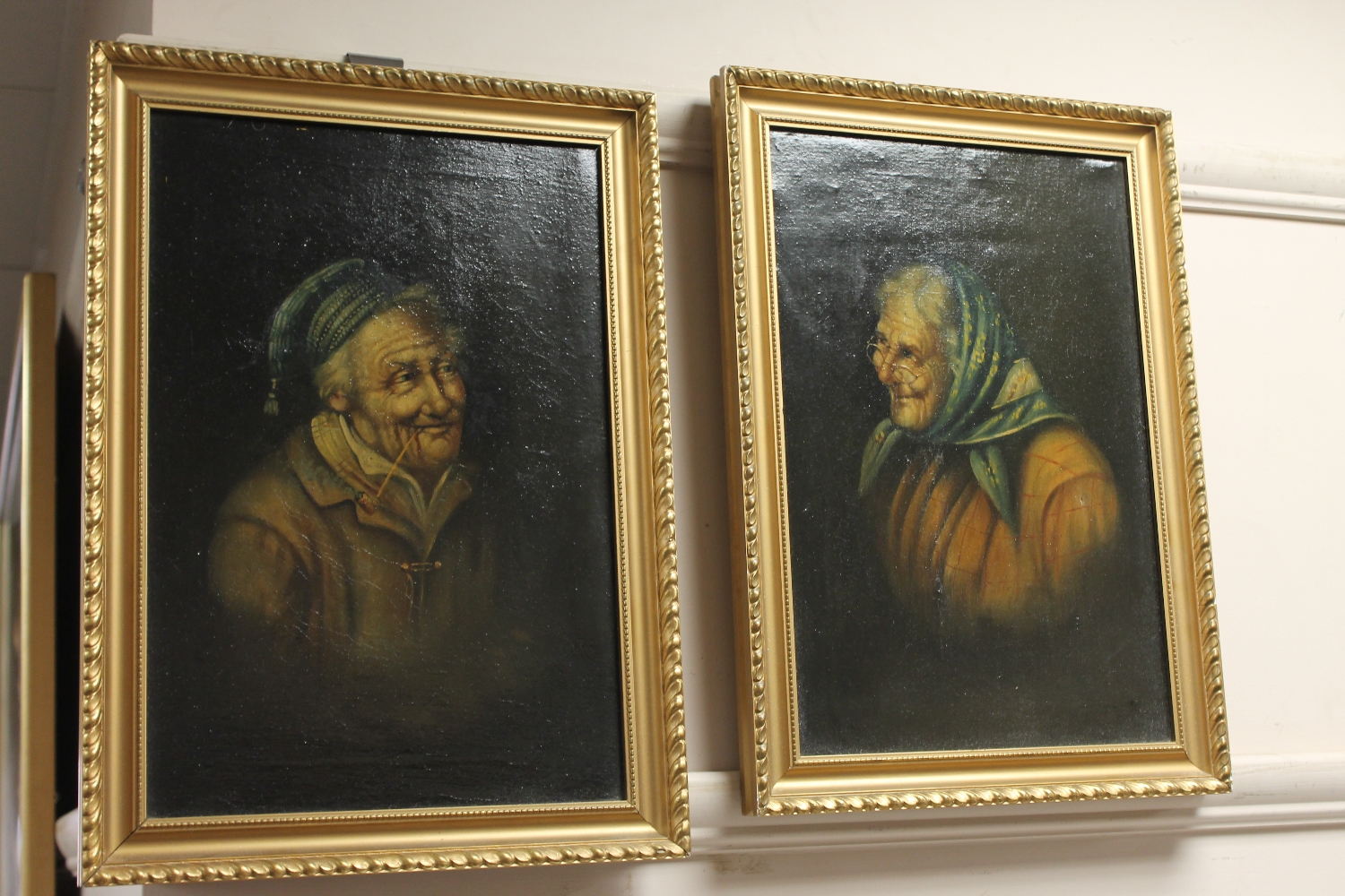 A pair of continental school oil paintings, portraits of a man and woman, 25 cm x 37 cm each.