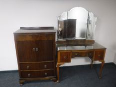 A mahogany Queen Anne style dressing table with triple mirror and matching linen chest