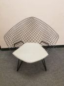 Harry Bertoia for Knoll: A modernist wirework 'Diamond chair', with original grey leather cushion,