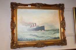 Fred Tordoff : R.M.S. Mauretania, oil on canvas, 60 cm x 45 cm, with Cunard label verson, framed.