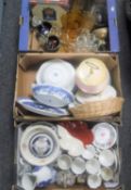 Three boxes of tea china, blue and white meat plates, glass ware, brass plaques,