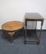 An oak barley twist occasional table together with a walnut pie crust edge Queen Anne style coffee