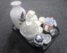 A tray of cut glass lidded bowl, assorted china, Kaiser Danbury mint blue bird vase,