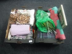 Two boxes of linen, hand stitched blanket, curtains,