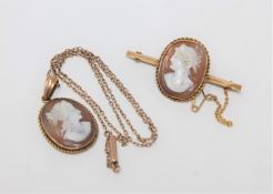 A Victorian 9ct gold cameo brooch together with a yellow metal cameo pendant on chain