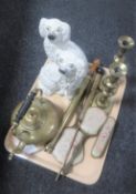 A tray of Staffordshire dogs, assorted brass, kettle, rose sprayer,