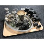 A tray of assorted plated wares, silver egg cup,