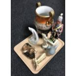 A tray containing ceramic animal figures, china decanter of an 18th century soldier,