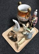 A tray containing ceramic animal figures, china decanter of an 18th century soldier,