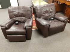 A pair of contemporary brown leather electric reclining armchairs, width 98 cm.