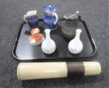 A tray of Maling teapot and milk jug, Maling candlestick, Wedgwood pewter lidded jug,
