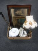 A box containing assorted table lamps, antique tureens, gilt framed oil on board,