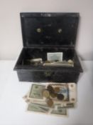 An antique cash tin containing a collection of British pre-decimal and foreign coinage,