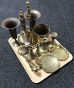 A tray containing assorted brass ware to include pair of Eastern brass vases and teapot,