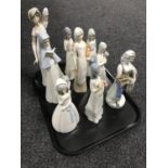 A tray of eight assorted Spanish figurines together with one further continental figurine