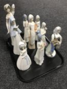 A tray of eight assorted Spanish figurines together with one further continental figurine