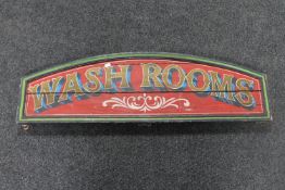 A vintage hand painted wooden sign - Washrooms CONDITION REPORT: 100cm wide by 30cm